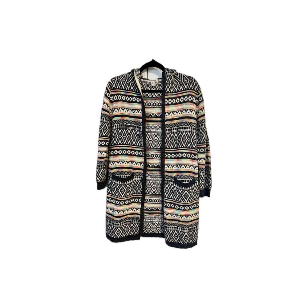 Monteau Multicolor Knit Hooded Intarsia Duster Cardigan Sz Small